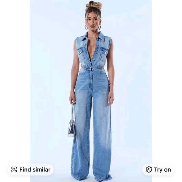 Fashion Nova Light Blue Denim Cutout Jumpsuit - Picture 4 of 6
